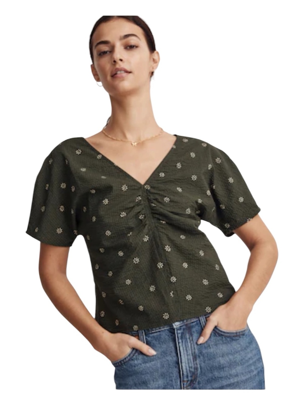 Madewell Olive Green Floral Ruched V-Neck Blouse